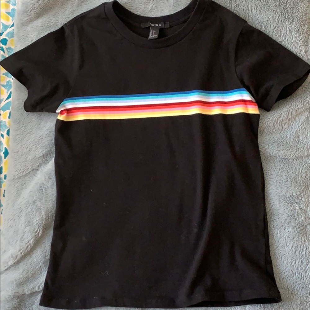 Forever 21 rainbow stripe black t shirt
